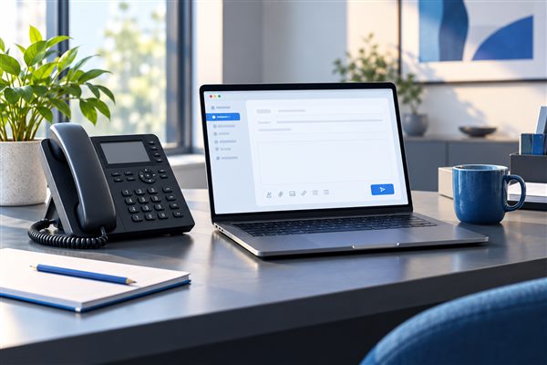 A business desk phone beside a laptop with an email interface