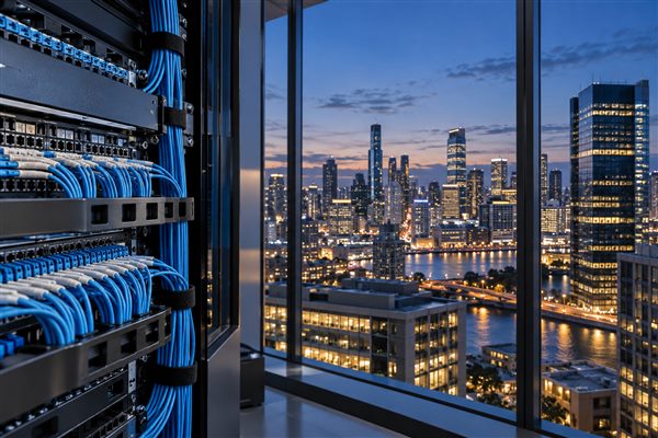 Fiber network equipment beside a commercial city skyline