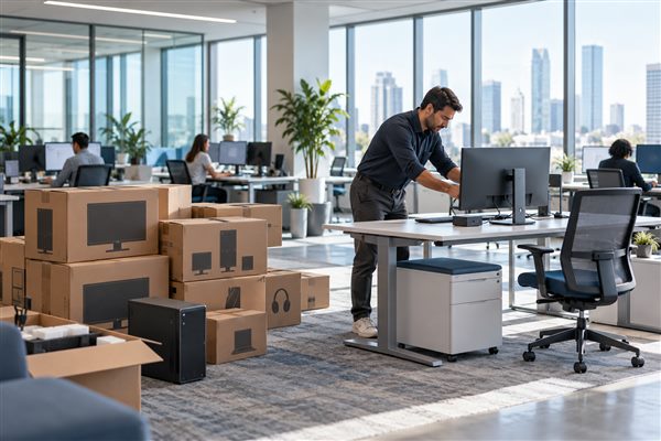 A professional setting up a new workstation in an expanding office