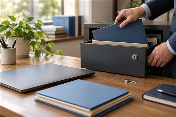 Business documents being organized in a lockable drawer beside a closed laptop