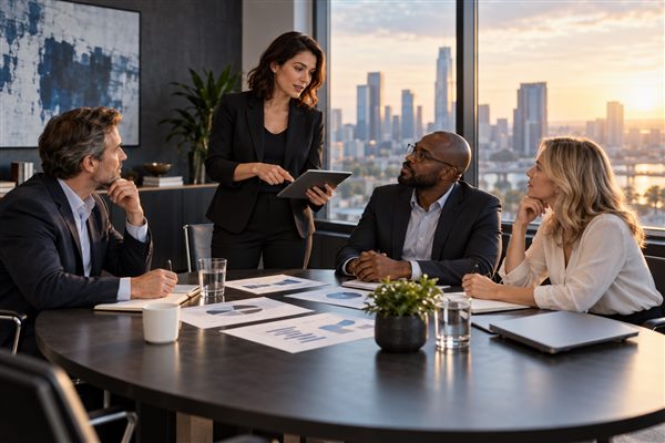 Business stakeholders discussing a strategy with a tablet and documents