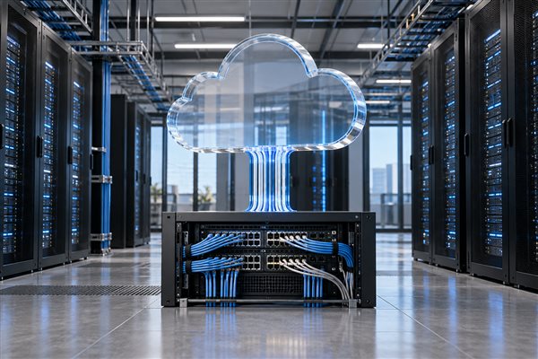 Illustration of server racks and network equipment connected to a glass cloud symbol