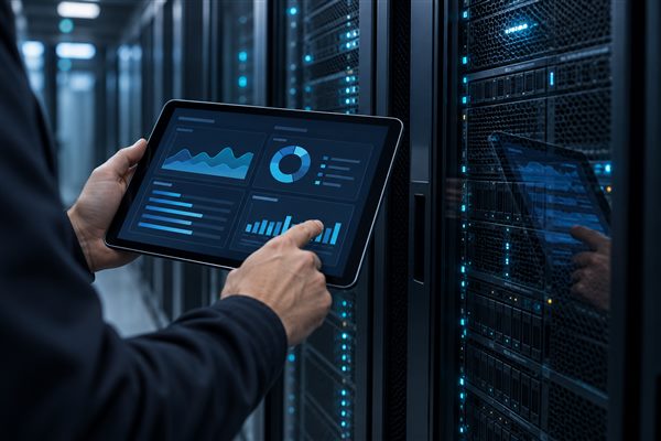 A technician reviewing workload panels on a tablet beside server racks