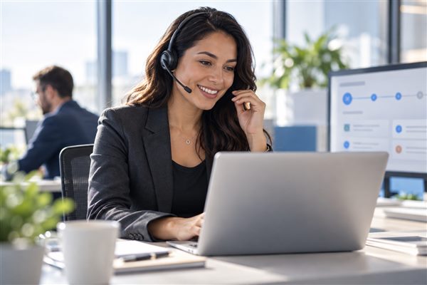 A professional wearing a headset and reviewing a customer interaction workflow