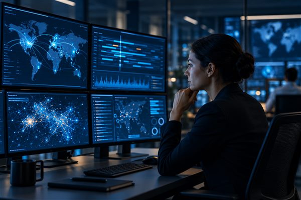 A security professional reviewing network activity in an operations room