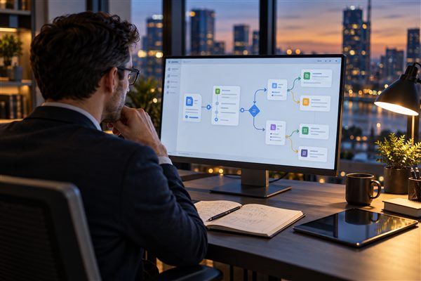 A business specialist reviewing connected workflow steps on a monitor
