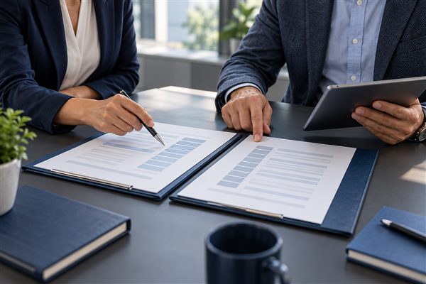 An advisor and business leader comparing proposals in two folders