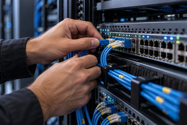An engineer connecting a fiber cable to enterprise network equipment