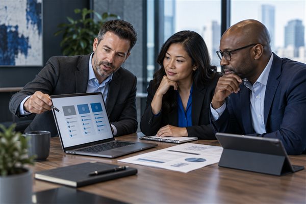An advisor and business leaders reviewing technology options together