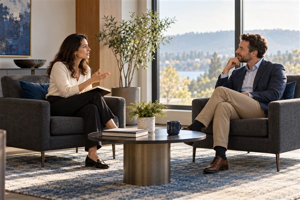 Two professionals discussing questions in a business lounge