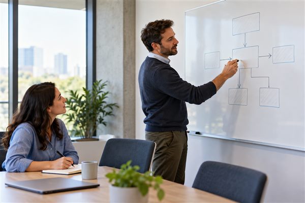 An architect mapping requirements on a whiteboard with a business colleague
