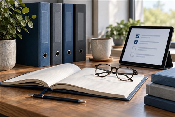 Reference binders and an open workbook beside a tablet checklist