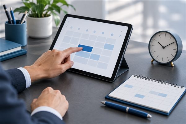 A hand selecting a calendar slot on a tablet beside a desk clock