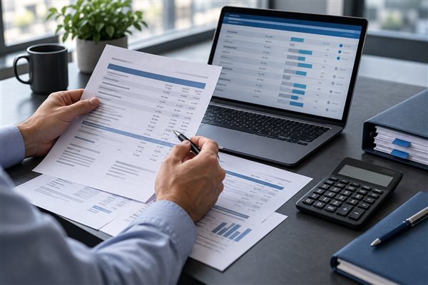 An analyst comparing technology invoices with cost information on a laptop