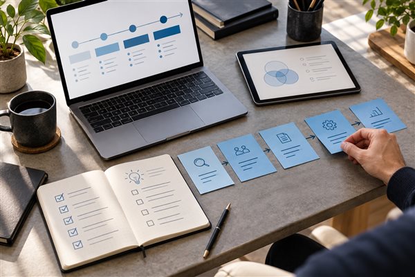 A technology planning workspace with a phased timeline and requirements checklist